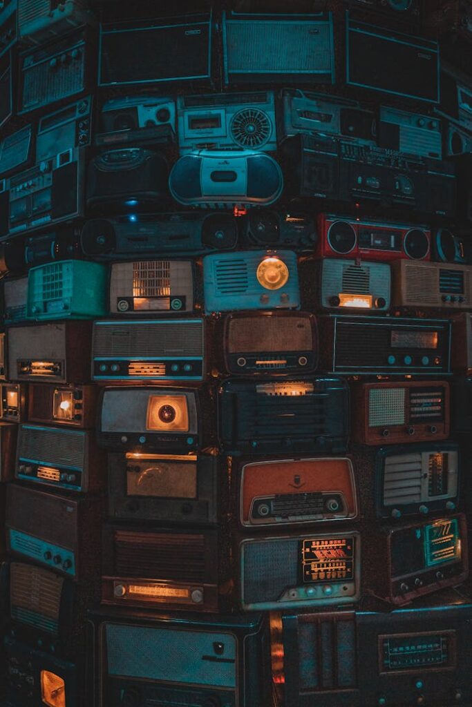 A unique display of vintage radios presented in a visually striking arrangement.